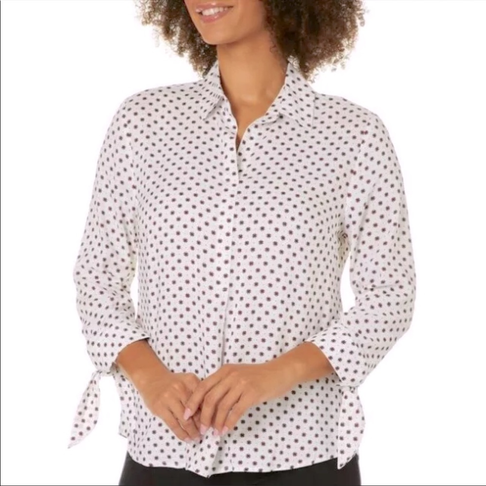 Tie Sleeve Print Button Down Blouse Small NWT